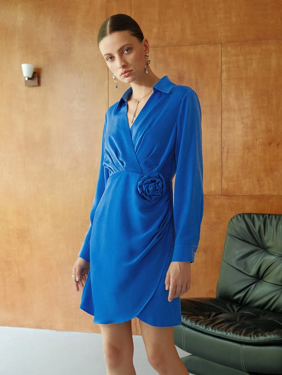 Anewsta 3d Rose Side Wrap Hem Dress - Blue - View 1