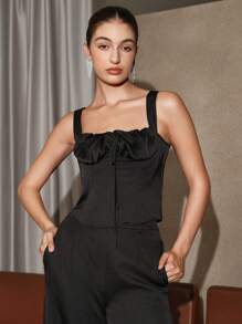 Anewsta Ruched Bust Tie Front Cami Top - Black - View 4
