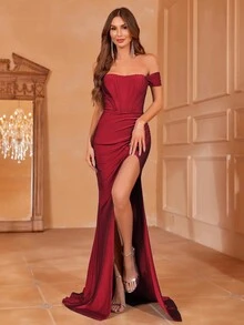 Faeriesty Off Shoulder Bodice Contrast Ruched Wrap Hem Formal Dress - Burgundy - View 5