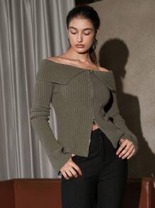 Anewsta Gấp lại Off Shoulder Dây kéo Áo len Mở - xanh quân đội - Xem 6