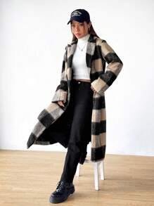 SHEIN EZwear 格紋長毛呢外套 - 彩色 - 查看 1