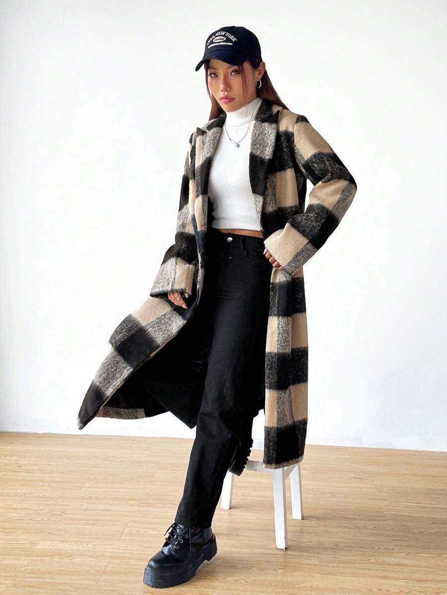 SHEIN EZwear 格紋長毛呢外套 - 彩色 - 查看 1
