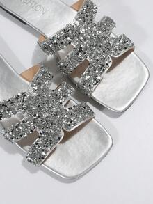 Summer Fashionable Elegant Rhinestone Decor Flat Slippers For Women, Outdoor - Silver - View 5