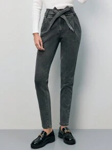 SHEIN Frenchy Ultra High Waist Belted Mom Fit Jeans - Dark Grey - View 5