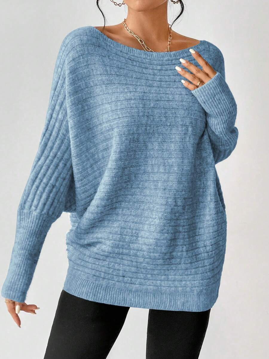 SHEIN LUNE Boat Neck Batwing Sleeve Sweater Knit Pullover Fall Winter Outfit - Blue - View 1