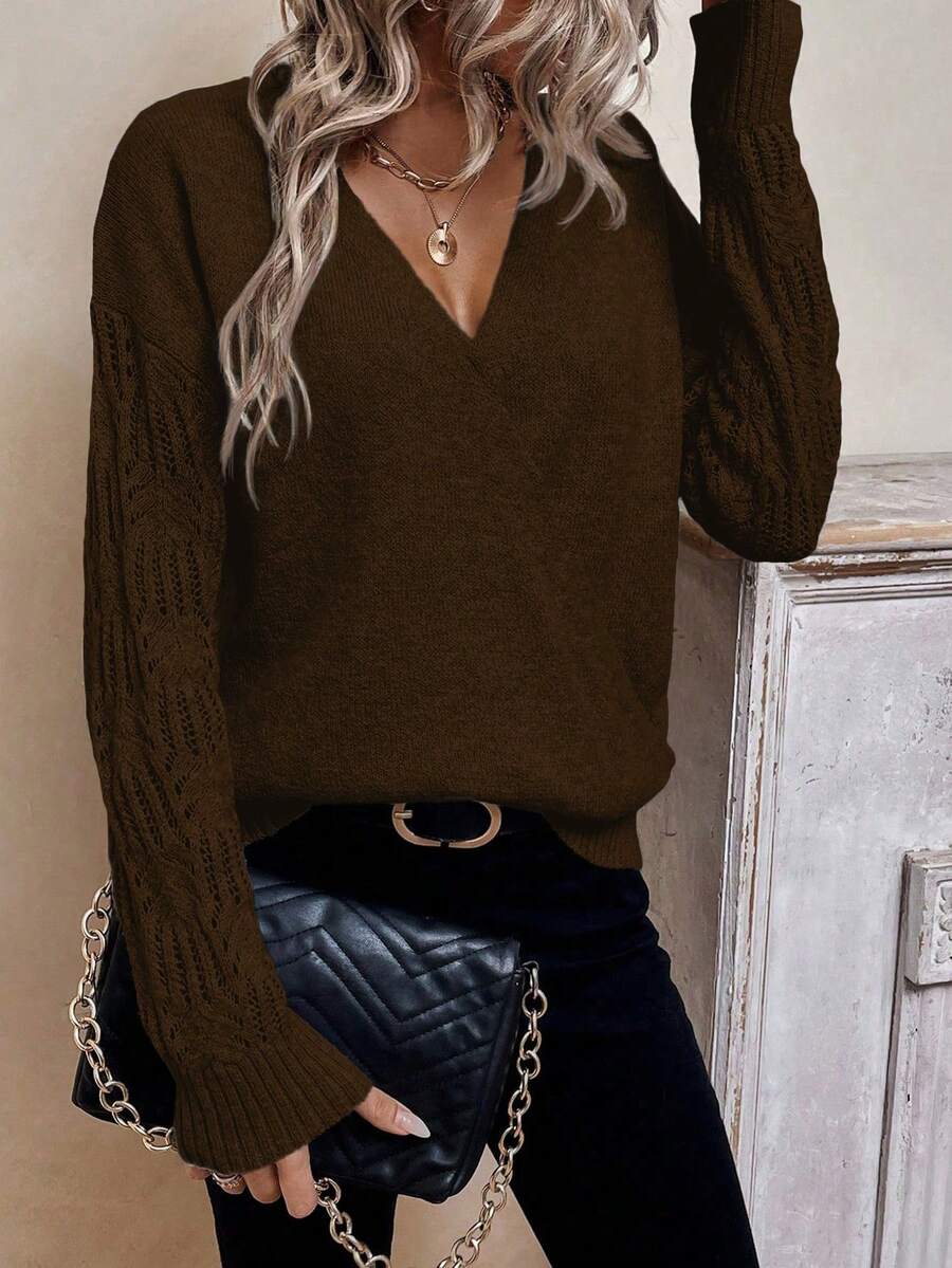 SHEIN LUNE Chất rắn Thả vai Cổ v Áo len - Cà phê nâu - Xem 1