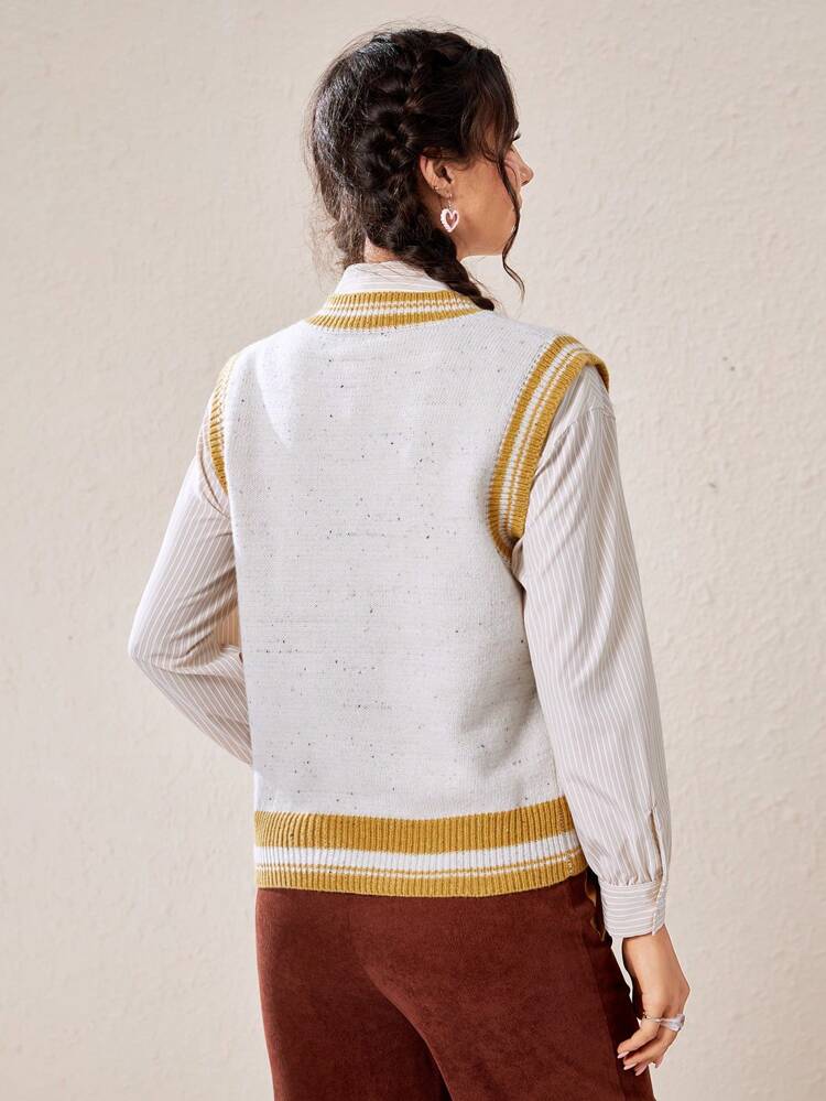 Striped Trim Sweater Vest Without Blouse