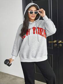 SHEIN Essnce Plus Letter Graphic Drop Shoulder Drawstring Hoodie - Light Grey - View 4