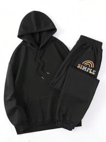 SHEIN EZwear Đồ họa Khẩu hiệu Túi kangaroo Dây rút Áo hoodie ấm áp & Quần nỉ - màu đen - Xem 2