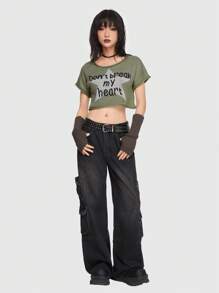 ROMWE Grunge Punk Strick Crop Top mit Buchstabe Muster - Verschiedenfarbig - Übersicht 1