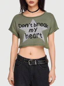 ROMWE Grunge Punk Strick Crop Top mit Buchstabe Muster - Verschiedenfarbig - Übersicht 2