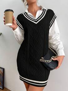 EMERY ROSE Striped Trim Cable Knit Sweater Dress Without Shirt - Black - View 4