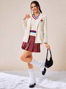 SHEIN EZwear Letter Patched Detail Pocket Front Corduroy Blazer