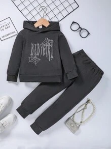 SHEIN Young Girl Rhinestone Letter Pattern Hoodie & Sweatpants - Black - View 1