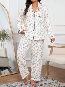 CottageSlumber Plus Ditsy Floral Print Contrast Piping PJ Set / Pajama Set - Beige - View 4