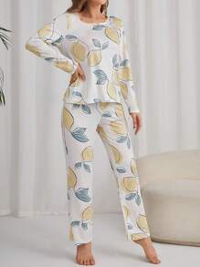 Lemon Print Tee & Pants PJ Set / Pajama Set White Set, Fall Winter Clothes - White - View 5