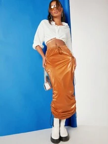 Hauture Drawstring Side Ruched Skirt - Rust Brown - View 3