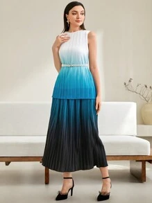 Modelyn Ombre Pleated Tank Top & Skirt Without Belt - Multicolor - View 6
