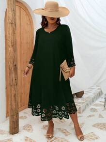 INAWLY Plus Laser Cut Out Scallop Trim Dress