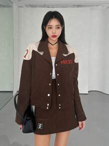 SHEINNeu Letter Embroidery Colorblock Drop Shoulder Corduroy Jacket
