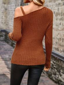 SHEIN LUNE Chain Detail Asymmetrical Neck Ribbed Knit Pullover Fall Winter Sweater - Brown - View 2
