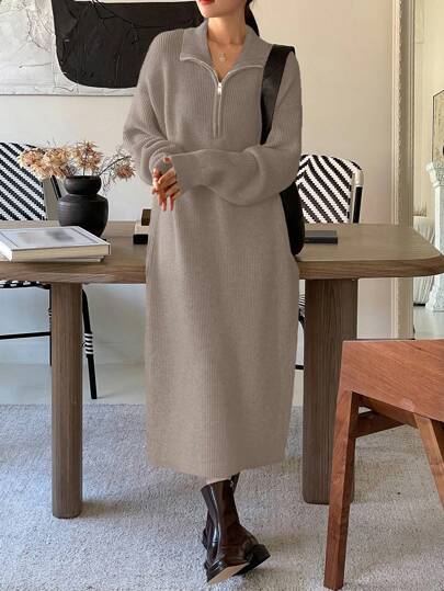 DAZY 四分之一拉链落肩毛衣裙，秋季女装