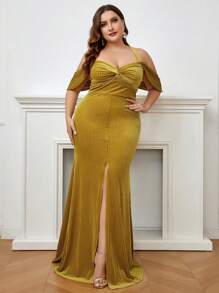 SHEIN Belle Plus Cold Shoulder Twist Front Split Thigh Bridesmaid Dress - Gold - View 1