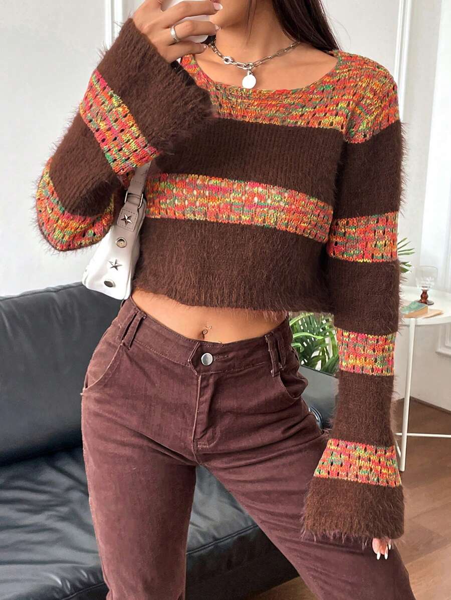 SHEIN Unity Space Dye Flounce Sleeve Crop Knit Pullover Fall Winter Sweater - Multicolor - View 1