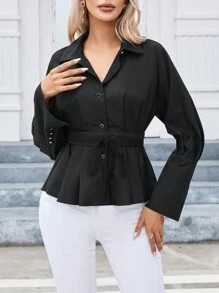 SHEIN Privé Batwing Sleeve Belted Shirt - Black - View 4
