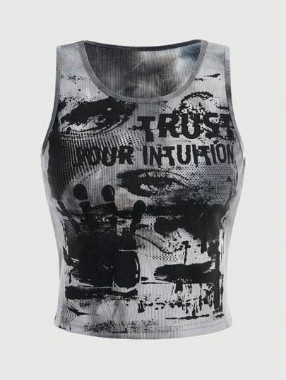 ROMWE Grunge Punk Débardeur à motif tie-dye et lettrage graphique, style Kpop, pour l'école