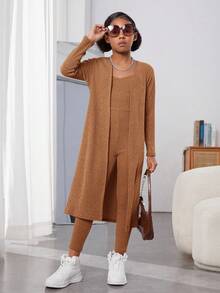 Tween Girl Solid Cami Unitard Jumpsuit & Open Front Coat - Rust Brown - View 5