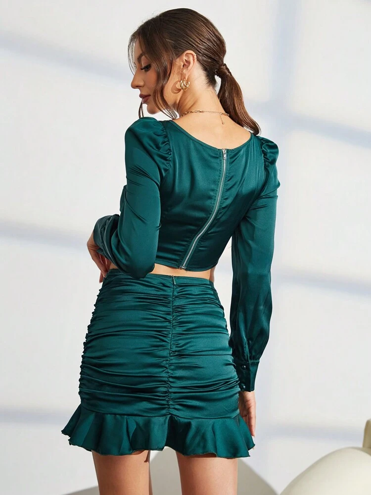 Square Neck Crop Top & Ruched Ruffle Hem Skirt