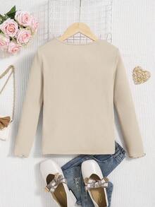 SHEIN Tween Girl Solid Lettuce Trim Tee - Apricot - View 3