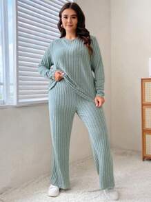 SHEIN LUNE Plus Ribbed Knit Tee & Pants - Mint Green - View 3