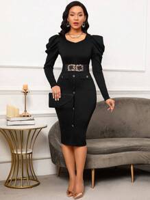 SHEIN Lady Gigot Sleeve Button Front Bodycon Dress Without Belt - Black - View 1