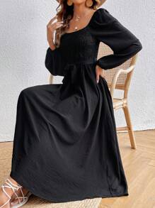 SHEIN VCAY Square Neck Lantern Sleeve Belted Dress - Black - View 6