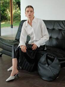 Solid Ruched Button Front Drop Shoulder Shirt Fall Cloth For Women - White - View 3