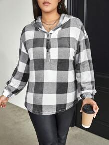 SHEIN Essnce 加大码水牛格纹落肩卫衣 - 灰色 - 查看 5