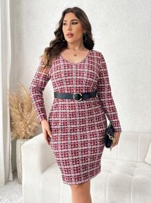 SHEIN Clasi Plus Plaid Print Bodycon Dress Without Belt - Multicolor - View 1