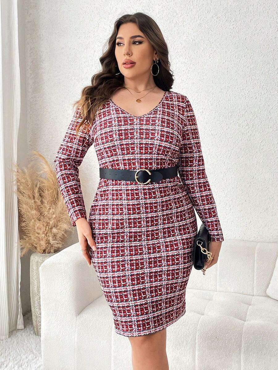 SHEIN Clasi Plus Plaid Print Bodycon Dress Without Belt - Multicolor - View 1