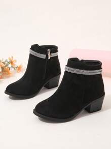 水鑽雙帶側拉鍊高跟鞋低胸踝靴適合女孩 - 黑色 - 查看 1