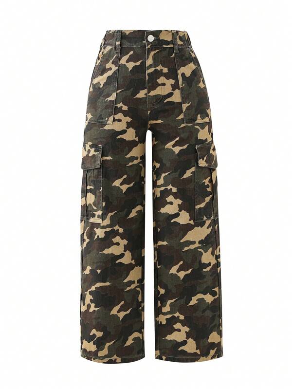 SHEIN Explorewe Tween Girl Camo Print Flap Pocket Side Cargo Jeans