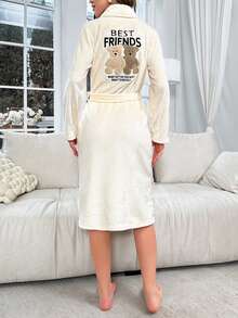 Embroidery Bear & Slogan Pattern Belted Flannelette Robe - Apricot - View 3