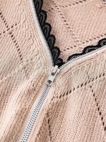 SHEIN LUNE Áo len dệt kim Pointelle cổ trễ với viền ren tương phản, kiểu áo chui đầu, thích hợp cho mùa thu đông. - màu nâu - Xem 4