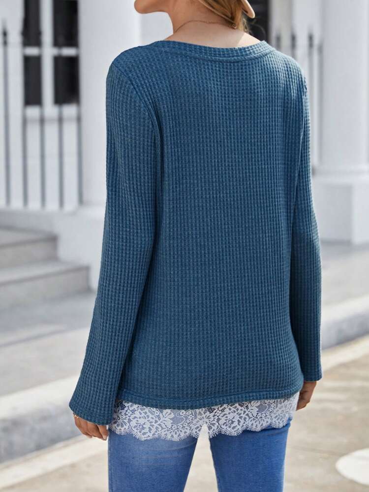 Contrast Lace Hem Button Front Tee