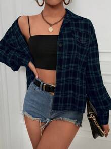 SHEIN Essnce 格紋印花落肩袖夾克 - 綠色 - 查看 4