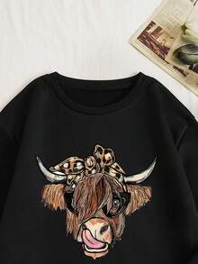 SHEIN EZwear Cow Print Thermal Lined Sweatshirt - Black - View 5