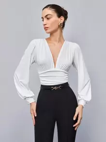 SHEIN BIZwear 深V領抽褶腰燈籠袖連身背心 - 白色 - 查看 6