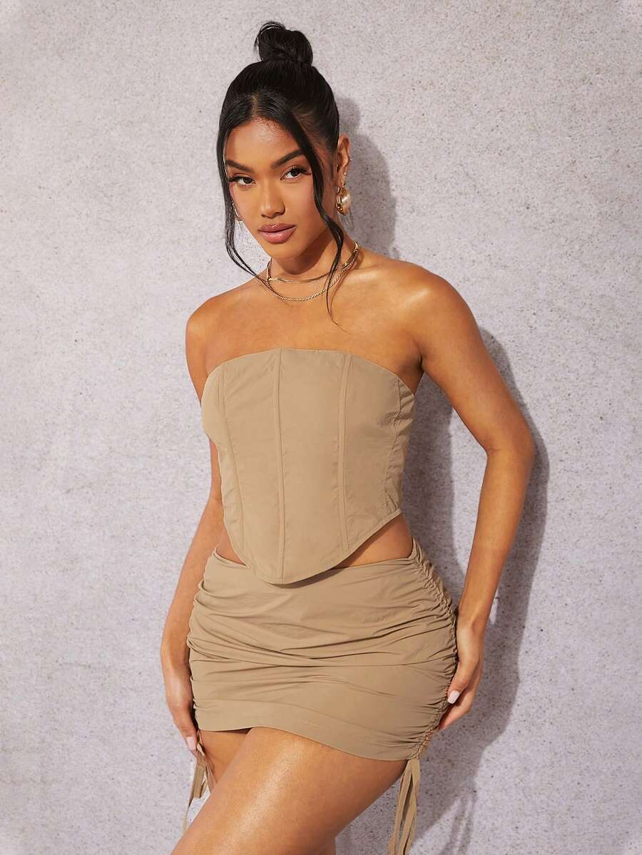 SHEIN BAE Solid Bandana Hem Tube Top & Drawstring Side Bodycon Skirt - Khaki - View 1