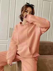 SHEIN EZwear Capucha con bolsillo de canguro de hombros caídos con cordón - Rosa coral - Ver 5